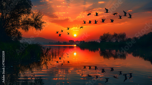 A flock of migratory birds flying over a serene lake at sunset, their silhouettes reflecting in the still water photo