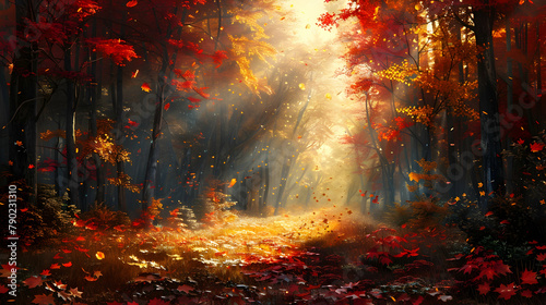 A forest in autumn, the ground covered in fallen leaves of red, orange, and yellow, with sunbeams filtering through the thinning canopy