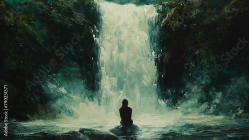 A woman is sitting in the water in front of a waterfall