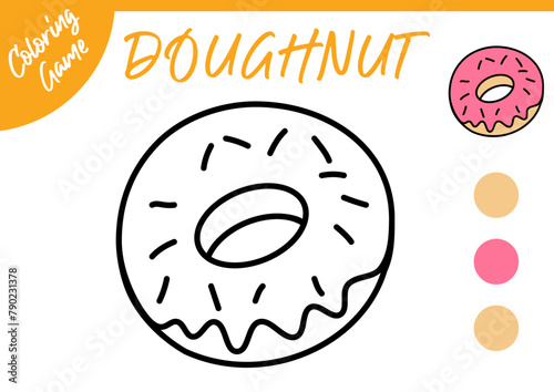 coloring book for kids. Color cartoon the doughnut or donut. Activity for preschool and school children. Black and white and colorful illustration. Education worksheet Printable A4 size