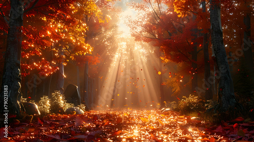A forest in autumn, the ground covered in fallen leaves of red, orange, and yellow, with sunbeams filtering through the thinning canopy