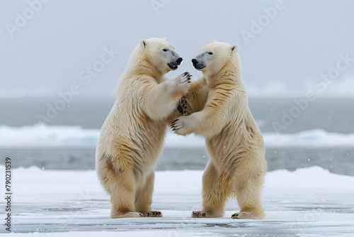 Two polar bears, standing upright on two feet, interacting with each other