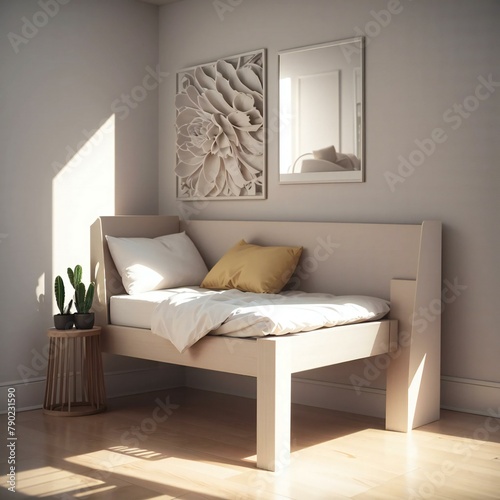 Modern minimalist bedroom with a single bed, decorative wall art, and a small plant on a wooden stool.
