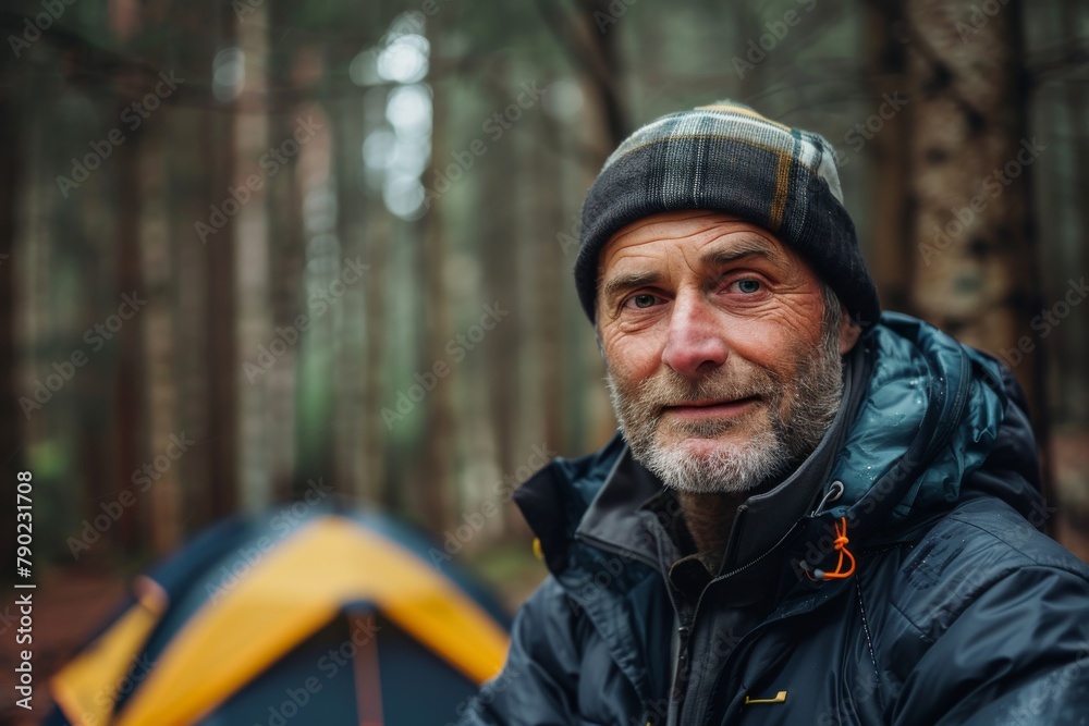 Outdoor adventure and camping concept with a man in a forest