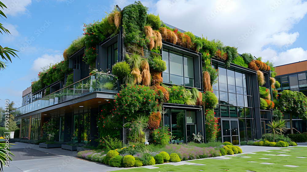 A green wall on a corporate building, covered with ivy and small flowers, integrating nature into urban design