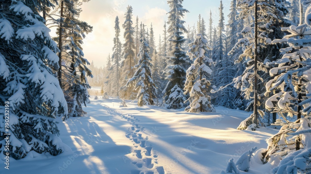 Snowy forest with evergreen trees, footprints in the snow, under a cloudy sky Snowy forest with evergreen trees, footprints in the snow, under a cloudy sky