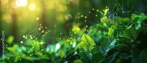 Green leaves of a plant with a glowing network in the background photo