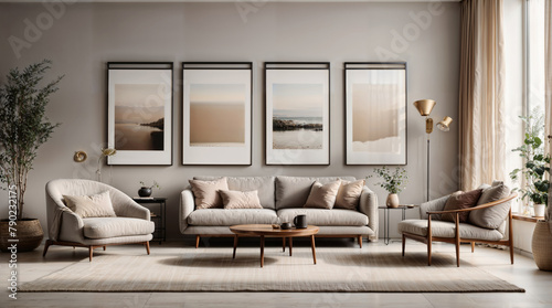 Salón interior de vivienda al estilo francés moderno con un acogedor sofá y cuadros con luz lateral. Banner de revista. photo