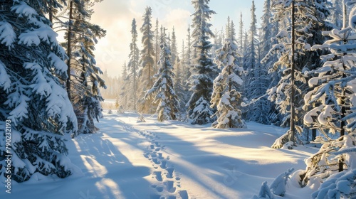 Snowy forest with evergreen trees  footprints in the snow  under a cloudy sky