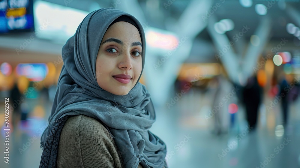 portrait of a beautiful muslim woman with hijab in the waiting room of an airport in high resolution portrait of a beautiful muslim woman with hijab in the waiting room of an airport in high resolution