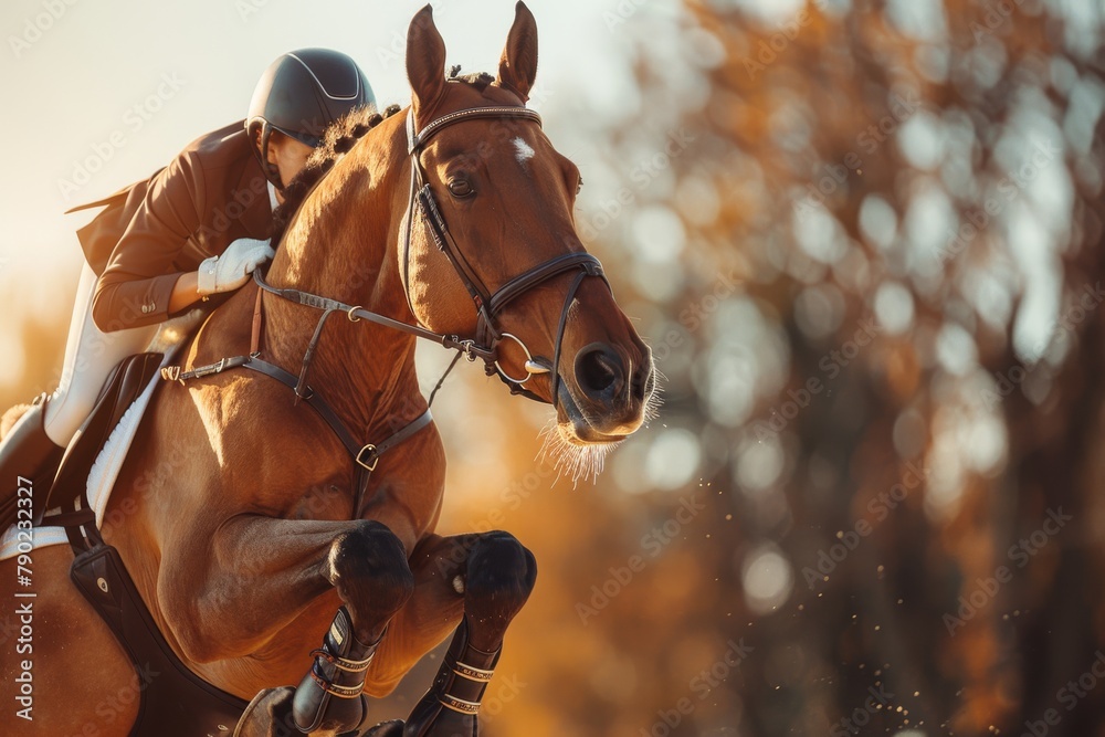 Obraz premium Equestrian girl riding horse in autumn sunlight, showcasing bond and skill