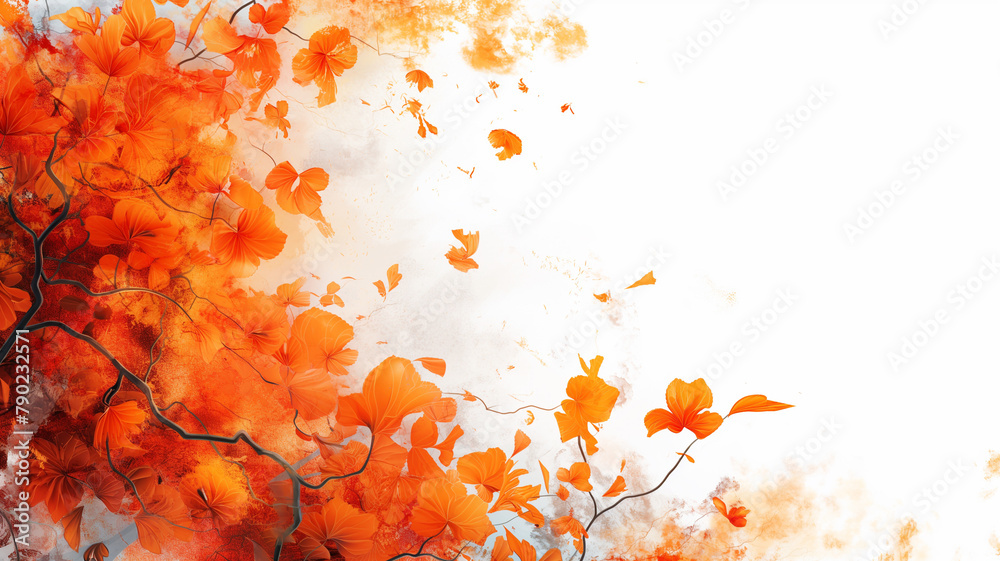 A painting of orange leaves falling from a tree