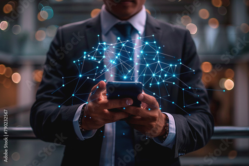 Businessman hands holding mobile phone with glowing blue connecting line. Network, connectivity, futuristic, modern technology concept.