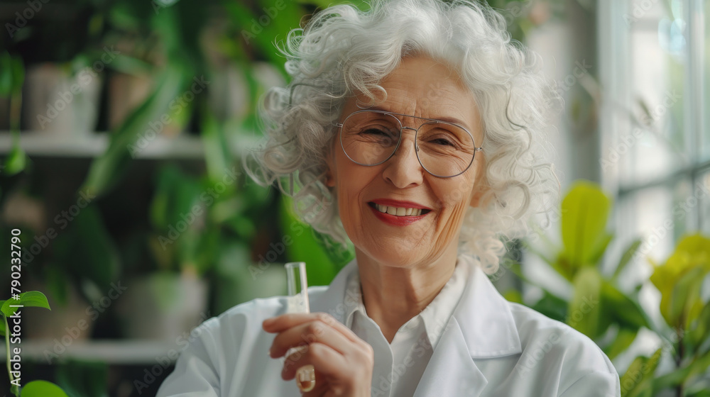 Senior Woman holding test tube with homeopathic globules in Laboratory. Alternative medicine practices concept. Healthy life. Generative ai Senior Woman holding test tube with homeopathic globules in Laboratory. Alternative medicine practices concept. Healthy life. Generative ai