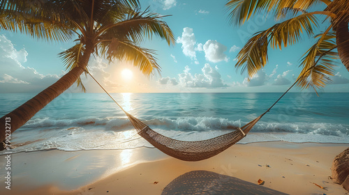A hammock strung between two palm trees on a deserted tropical beach, the ocean waves softly lapping at the shore