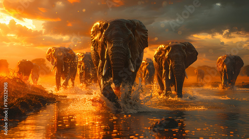 A herd of elephants at a watering hole at dusk, their rugged skin textured under the dimming light
