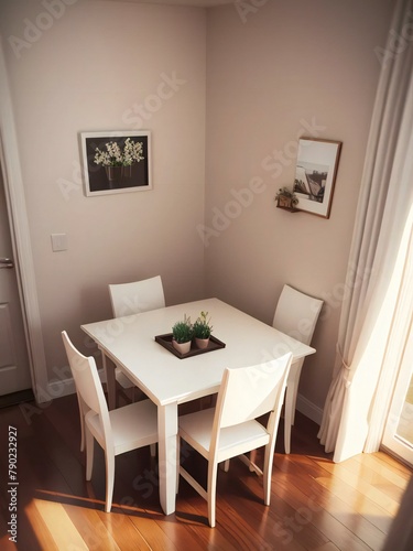 Cozy dining area with a white table and chairs  sunlight streaming through a window  and decorative wall art.