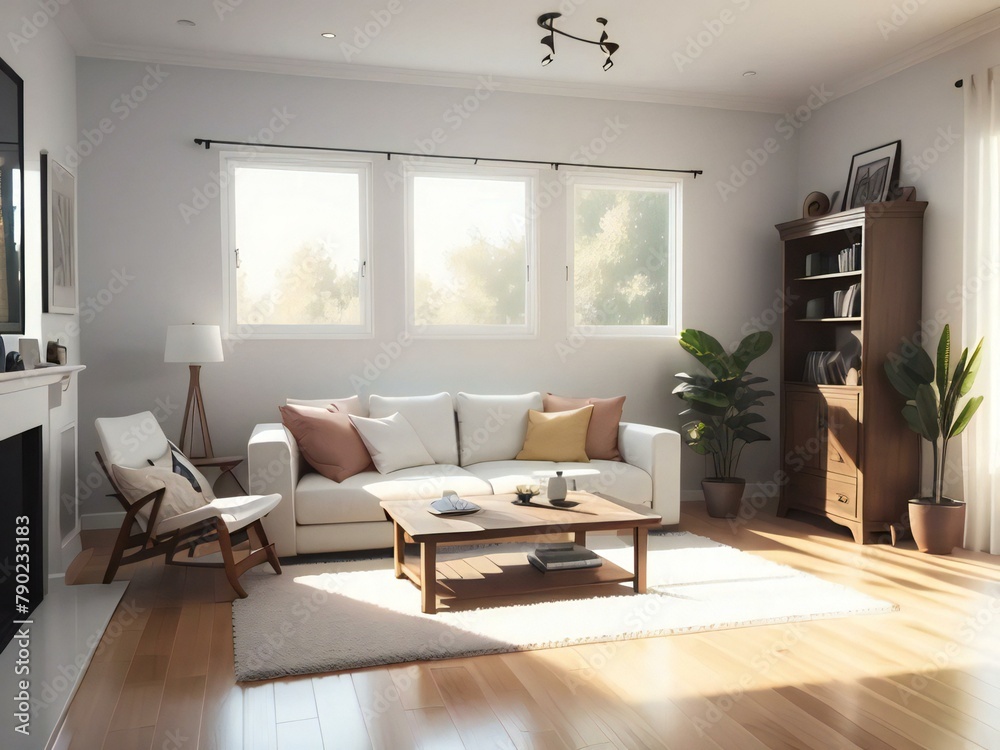 A modern living room with natural light, featuring a white sofa, wooden furniture, and indoor plants. A modern living room with natural light, featuring a white sofa, wooden furniture, and indoor plants.