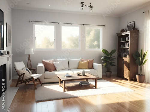 A modern living room with natural light, featuring a white sofa, wooden furniture, and indoor plants.