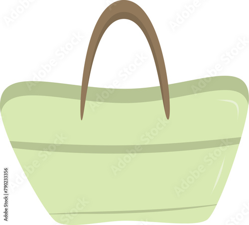 Green beach bag Cartoon summer elements, travel, beach, summertime accessory. Cocktails, ice cream and exotic fruits vector illustration set. Palm and serfing board. Umbrella and sunglasses