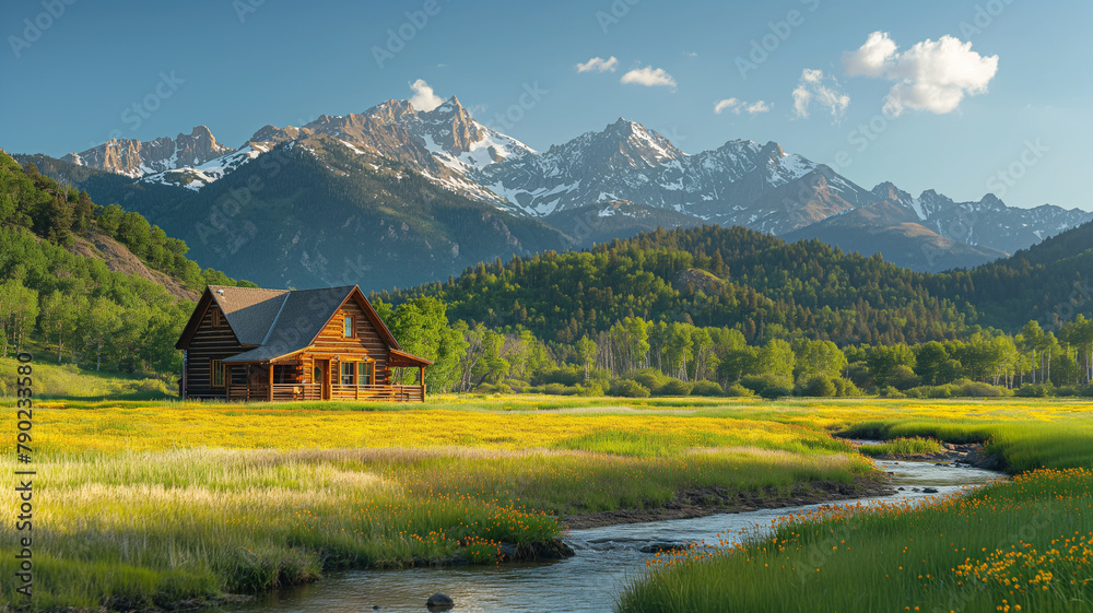 A small cabin is situated in a grassy field next to a river A small cabin is situated in a grassy field next to a river