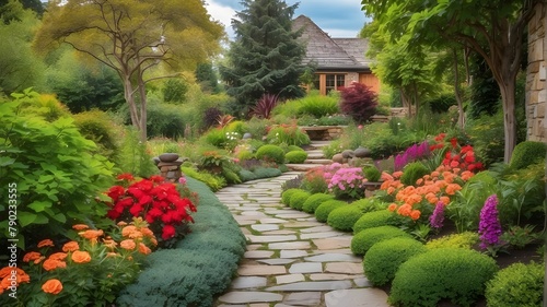 A verdant garden including vibrant flowers and a stone walkway. Inspiration for Gardens and Landscape Design. environmentally friendly landscaping photo