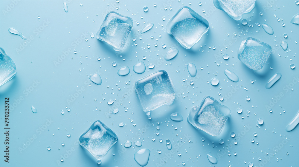On a blue background, close-up of three ice cubes and water drops
