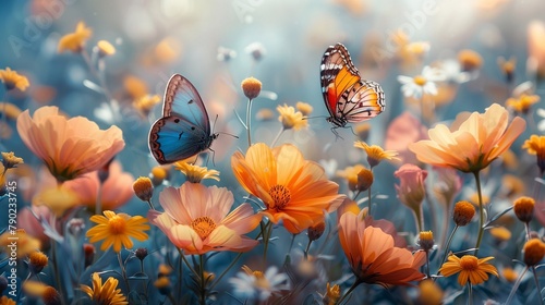 Butterflies over the flowers in the meadow