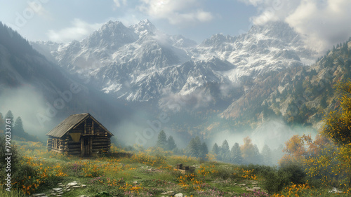 A small cabin is nestled in a valley between two mountains