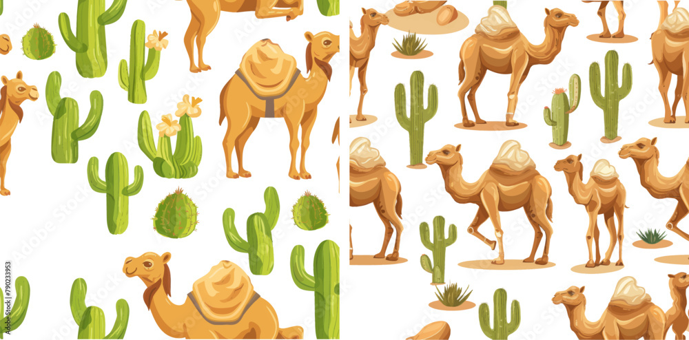 Cute cartoon desert camels among cactuses