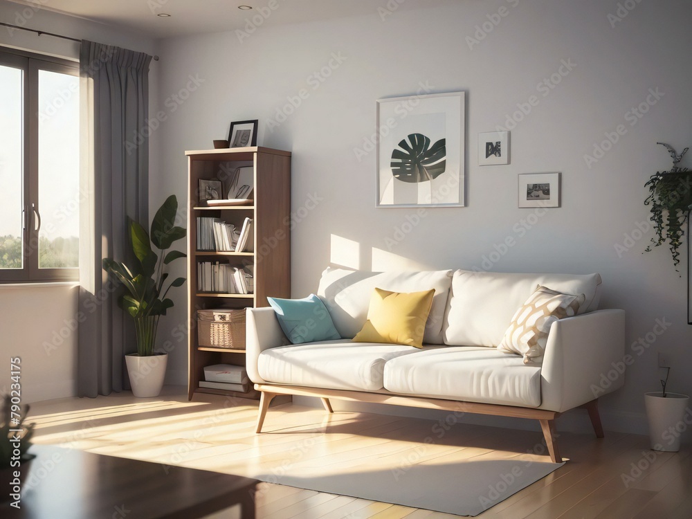 Fototapeta premium Modern living room with a white sofa, colorful pillows, and a bookshelf, bathed in natural sunlight.