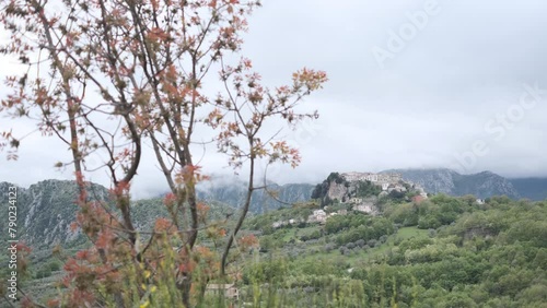 Outdoors, panoramic view of the small town of Castel San Vincenzo, central Italian Apennines photo
