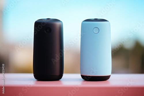 Two blue-tooth speakers on the table