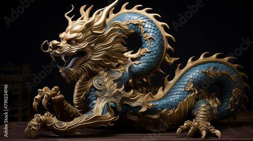  Enigmatic Chinese golden dragon coiled in graceful repose, exuding an aura of ancient wisdom