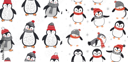 Cute baby penguins in winter clothing and hats