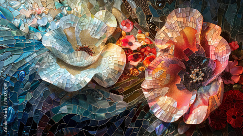 Floral mosaic art created from mother-of-pearl pieces, combining natural textures with ornate craftsmanship photo