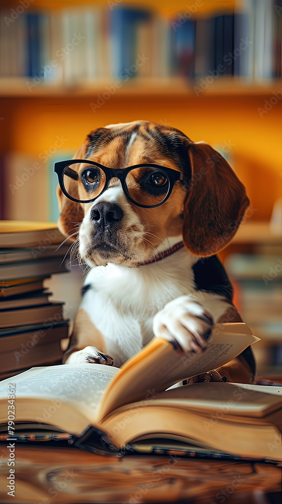 Beagle dog in spectacles poised with an open book, portraying a studious demeanor in a library setting