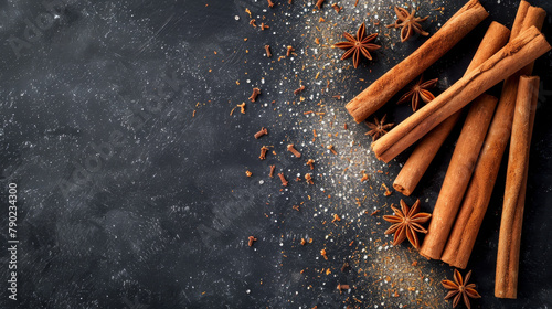 Aromatic cinnamon and anise arranged on a rough background.
