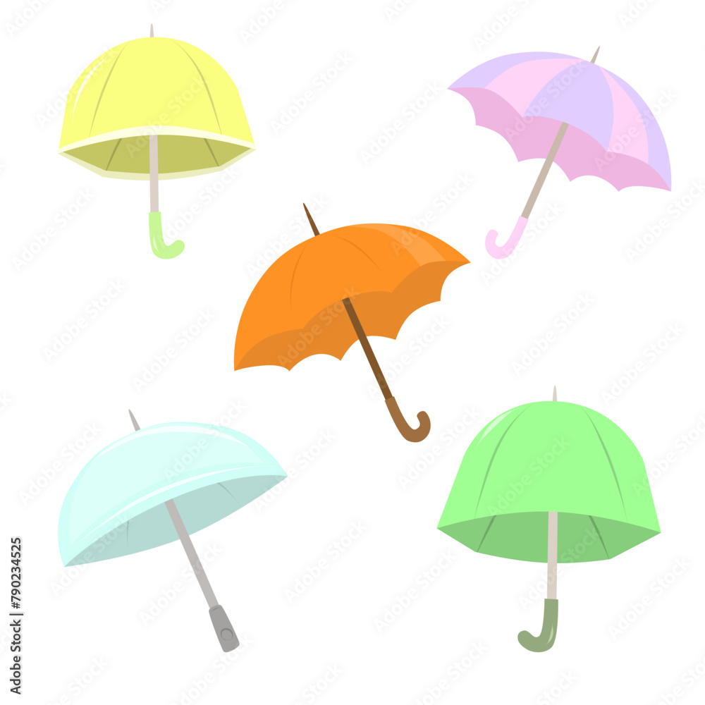 Set of different Umbrellas. Open umbrellas. Various prints. Hand drawn colored Vector illustration. Flat style.