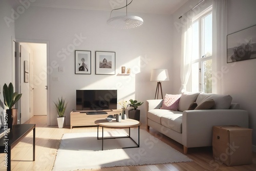 Bright and cozy living room with modern furniture, large windows, and decorative plants. A comfortable sofa, TV, and wooden floor enhance the homely atmosphere.