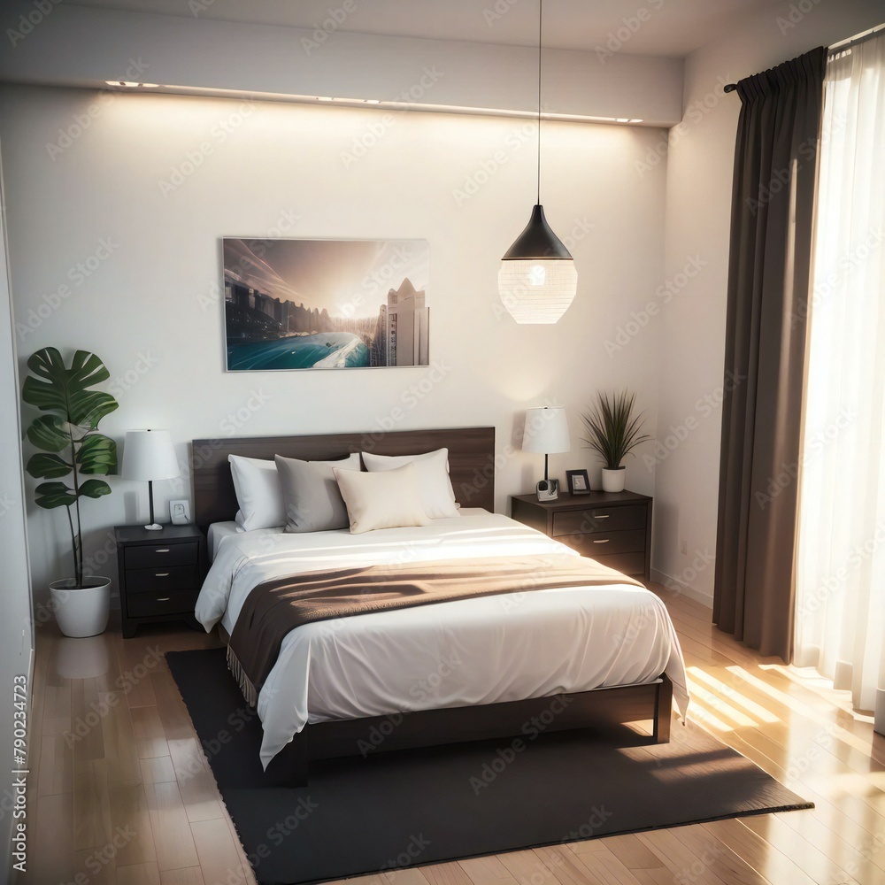 Modern bedroom interior with a large bed, side tables, and a framed picture above the bed. Warm lighting and a plant add a cozy atmosphere. Modern bedroom interior with a large bed, side tables, and a framed picture above the bed. Warm lighting and a plant add a cozy atmosphere.