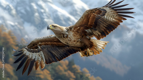 A majestic eagle soaring over a mountain range, its wings spread wide against the backdrop of snow-capped peaks photo