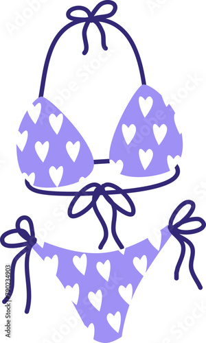 Violet swimsuit for girl Cartoon summer elements, travel, beach, summertime accessory. Cocktails, ice cream and exotic fruits vector illustration set. Palm and serfing board. Umbrella and sunglasses