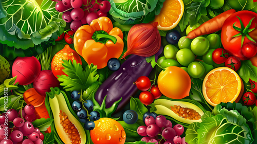 Background of vegetables  fruits and berries. Top view of organic plant products for healthy eating. Illustration.