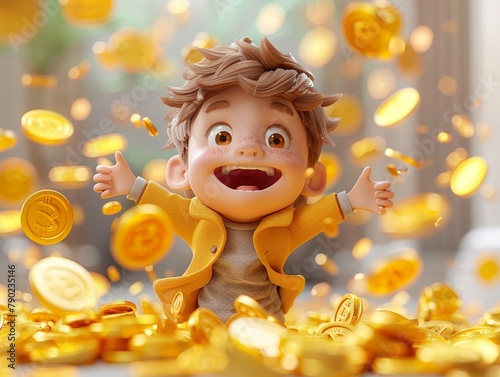 Excited 3D cartoon person surrounded by falling golden coins, jackpot win celebration scene