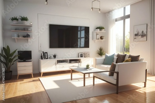 Modern living room with natural light, featuring a large TV, white sofa, and wooden coffee table, decorated with plants and framed pictures.