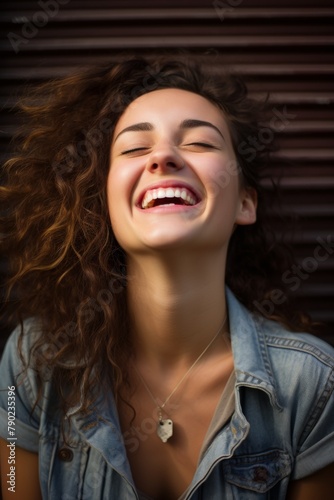 Close-up portrait of a girl against the wall, laughing with her head thrown back, happy. Generative AI. © Mountains Hunter