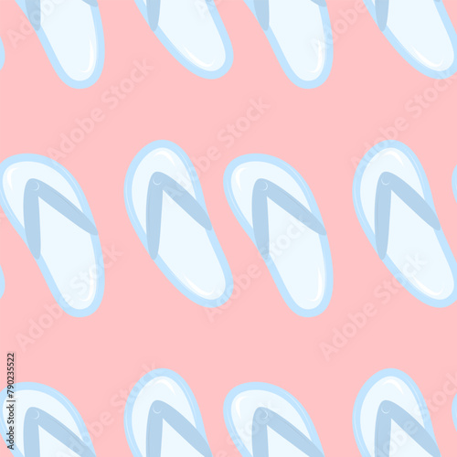 Seamless pattern with blue slippers Cartoon summer elements, travel, beach, summertime accessory. Cocktails, ice cream and exotic fruits vector illustration set. Palm and serfing board. Umbrella and