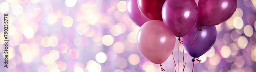 A group of balloons in pink and purple shades on an abstract background with bokeh with copy space. Banner.
