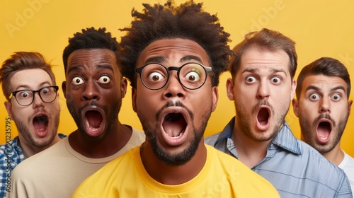 A man with curly hair and glasses looks very excited or shocked about something. His multiracial friends are in the background. Yellow background. © SerPhoto